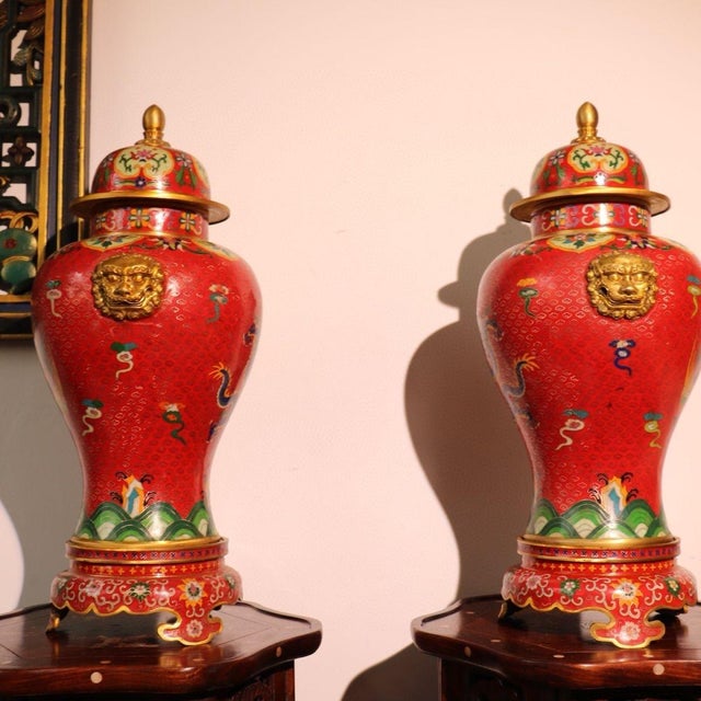 Pair of Chinese Cloisonné Vases | Red Ground Dragon & Phoenix Motif With Stands For Sale In Los Angeles - Image 6 of 9
