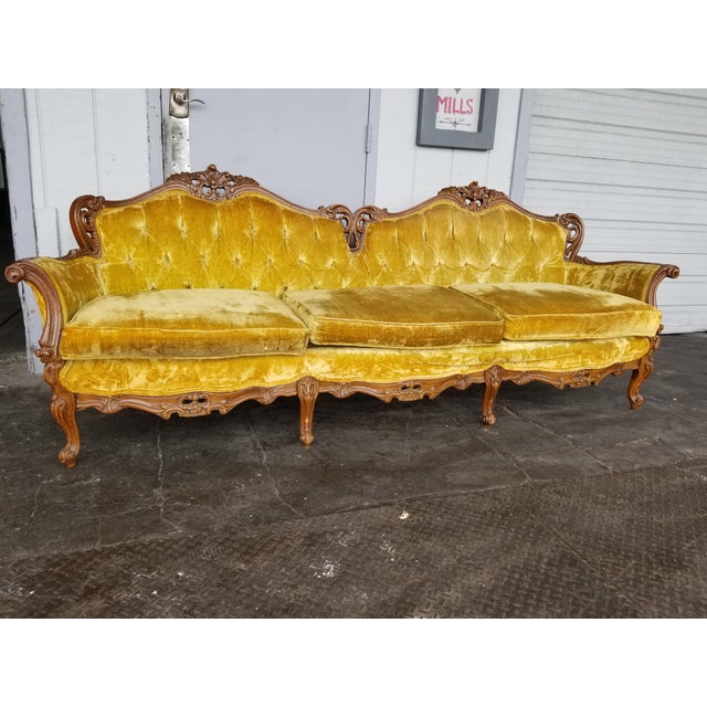 Vintage Hollywood Regency Gold Velvet Sofa Antique French Provincial Carved Wood Yellow Velvet