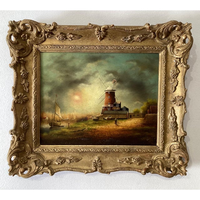 Charming Dutch School, Oil Painting On Board COastal Scene with Windmill For Sale - Image 4 of 7