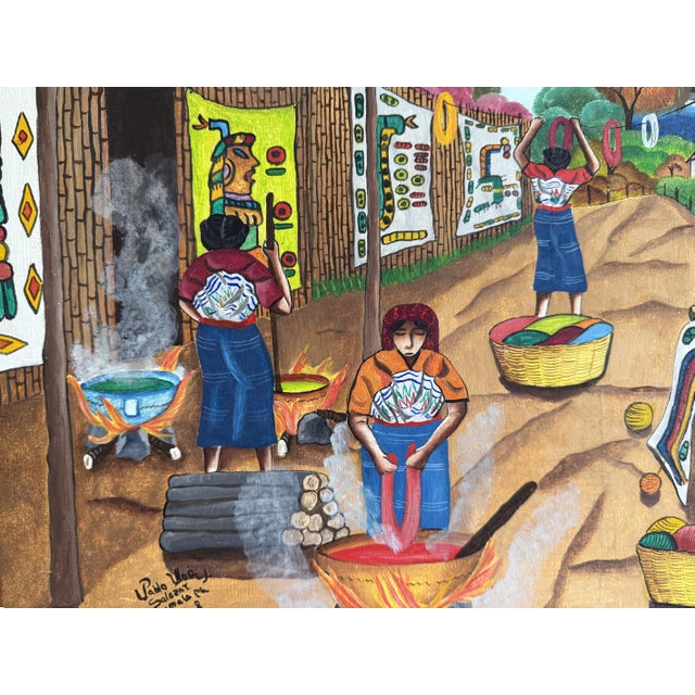 Village Life Mayan Folk Painting by Pablo Noe Salazar Acrylic on Canvas Guatamala 1978 For Sale - Image 4 of 14