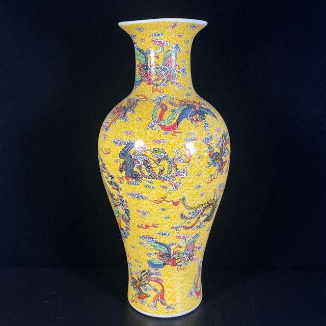 Yellow Monumental Vintage Chinese Yellow Ground Famille Rose "Dragon & Phoenix" Vase For Sale - Image 8 of 10