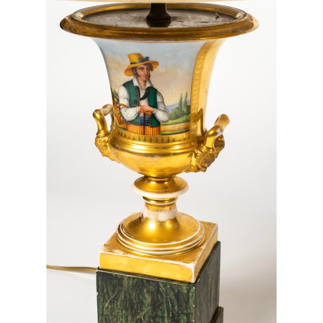 French Antique Early 19th Century Old Paris Porcelain Urn Vases Decorated With Gardeners Now Mounted as Table Lamps - A Pair For Sale - Image 3 of 16