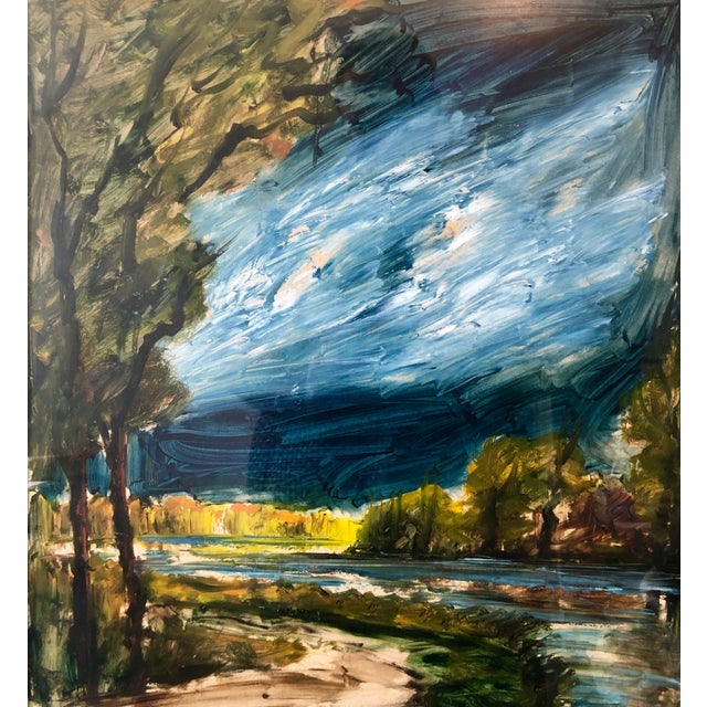Modern Roger EtienneMid Century Modernist French Painting Landscape With Forest, River, Path, c.1950s For Sale - Image 3 of 6