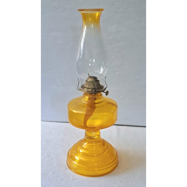 Victorian Vintage Amber Glass Kerosene Oil Lamp With P&a Eagle Burner and Chimney For Sale - Image 3 of 11