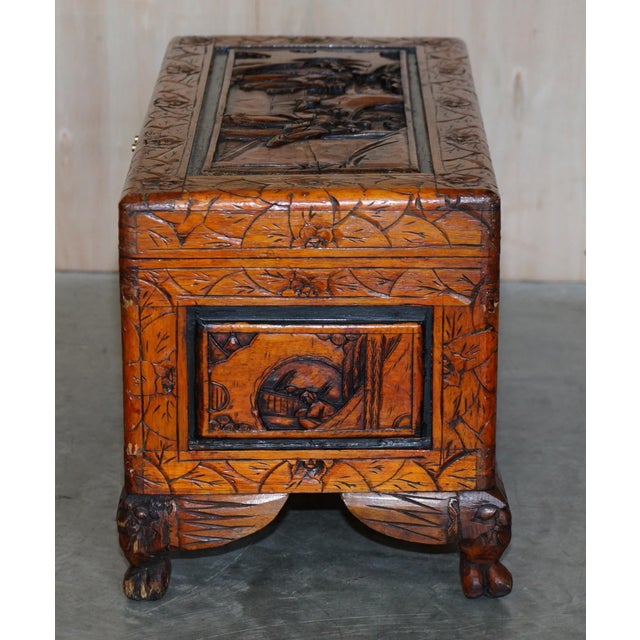 Antique Chinese Hand Carved Camphor Wood Travelling Trunk, 1900s For Sale - Image 12 of 17
