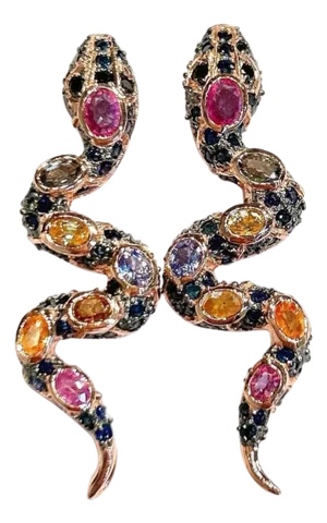 Bochic “Orient” Vintage Ruby & Sapphire Serpent Earrings Set 18K Gold & Silver
