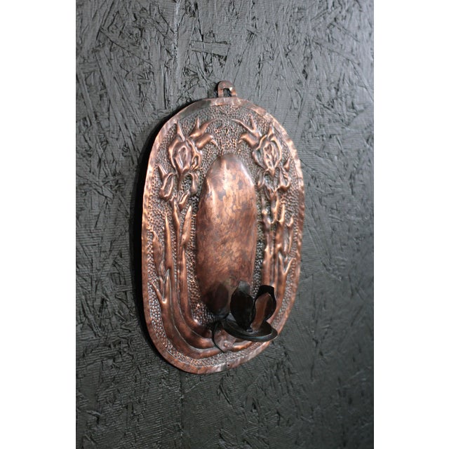 1910s Embossed or Hammered Copper Wall Candleholder With Irises For Sale - Image 5 of 9