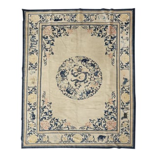 Antique Chinese Medallion Rug in Beige With Dragon & Floral Motifs - Rug & Kilim For Sale