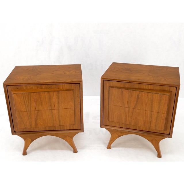Pair Sculpted Fronts Legs Walnut Mid-Century Modern Nightstands End Tables MINT! For Sale - Image 12 of 13