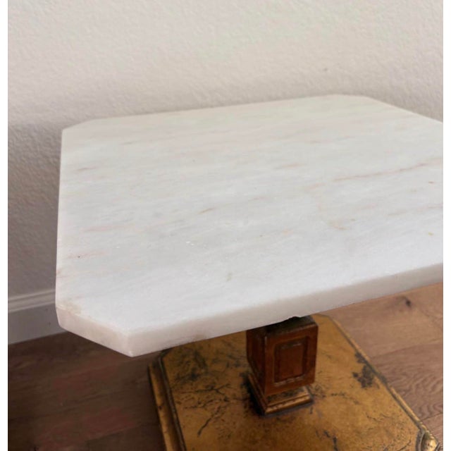 Pair of Vintage Hollywood Regency Gilt Pedestal Tables With Marble Tops For Sale - Image 4 of 9