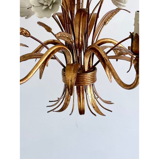 Gilt Tole Floral and Wheat Chandelier, 1960 For Sale - Image 12 of 18