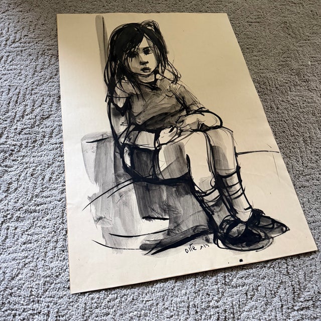 Ruth Schloss (Israeli/German, 1922 – 2013) Full-length portrait of a young girl Ink on paper Signed in Hebrew along the...