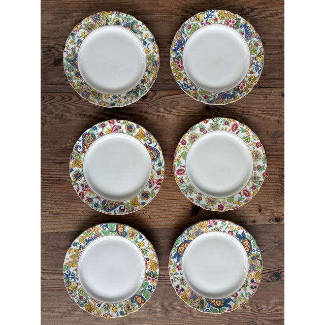 English 1960s Multi-Colored Floral Porcelain Dessert Plates With Gilt Edges - Set of 6 For Sale - Image 3 of 3