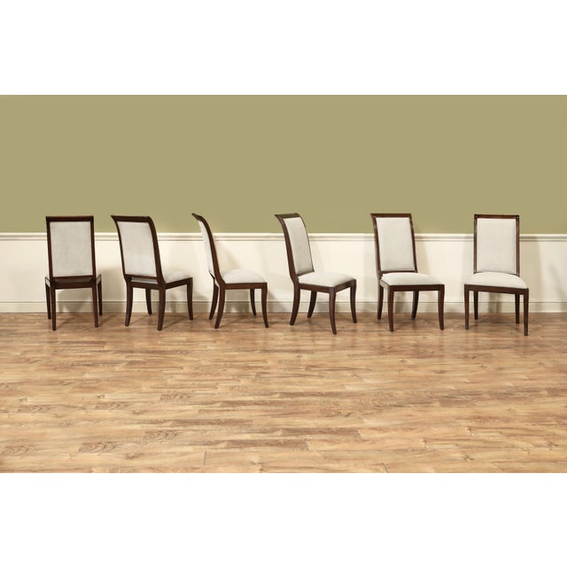 Transitional solid mahogany sleigh back dining room chairs. These chairs are full-size, fully upholstered dining room...