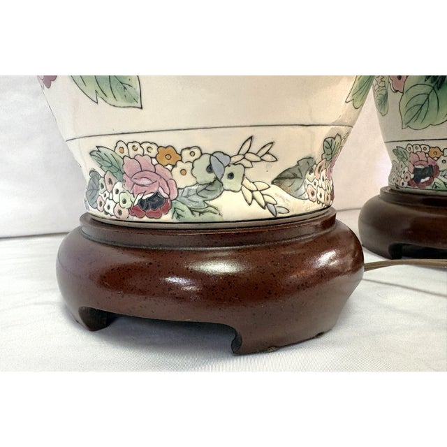 Vintage Ceramic Vase Lamps With Elegant Floral Design on Wood Plinths- A Pair For Sale - Image 11 of 15