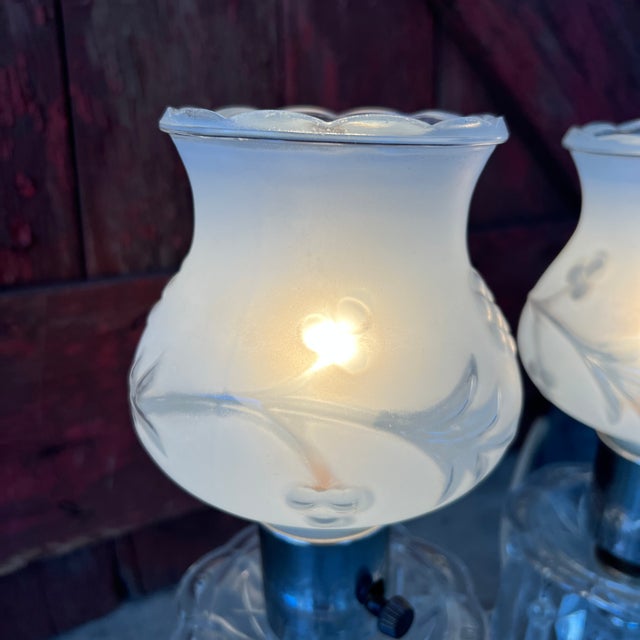 White Pair of Vintage Crystal Boudoir Table Lamps With Frosted Floral Glass Shades For Sale - Image 8 of 18