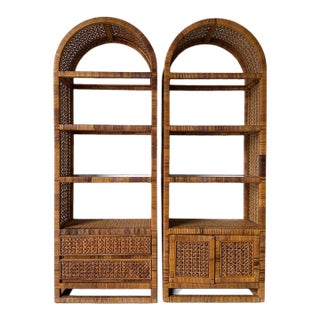 1970's Vintage Palm Beach Regency Style Arched Rattan & Glass Étagères – A Pair For Sale