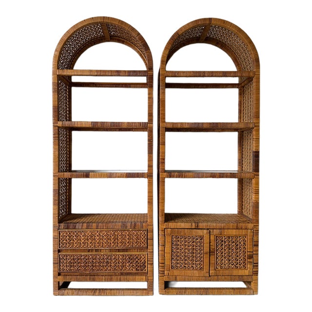 1970's Vintage Palm Beach Regency Style Arched Rattan & Glass Étagères – A Pair For Sale