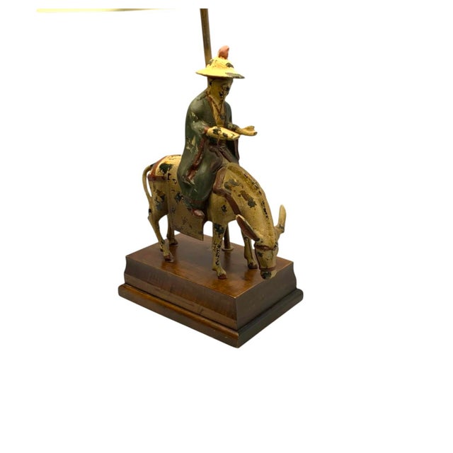 Mid 20th Century Lamp Chinese Scholar on Horse Metal and Wood Old Vintage Oriental Decor For Sale - Image 9 of 12