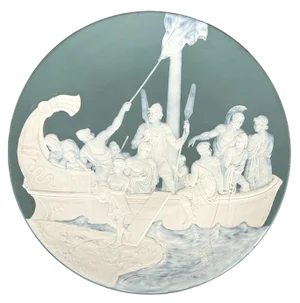 Large Antique Mettlach Villeroy & Boch Stoneware Charger, Depicting Jason and the Argonauts, Signed "J. Stahl"