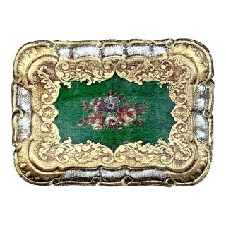 Vintage Florentine Tray With Floral Design in Center. For Sale