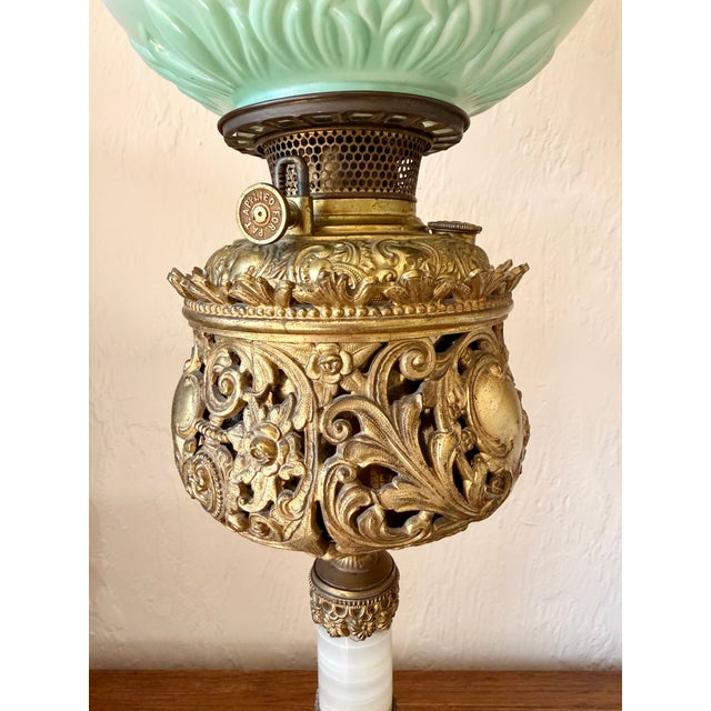 Antique Bradley & Hubbard Banquet Brass & Onyx Parlor Lamp, Electrified W/ Painted Globe For Sale In Cleveland - Image 6 of 18