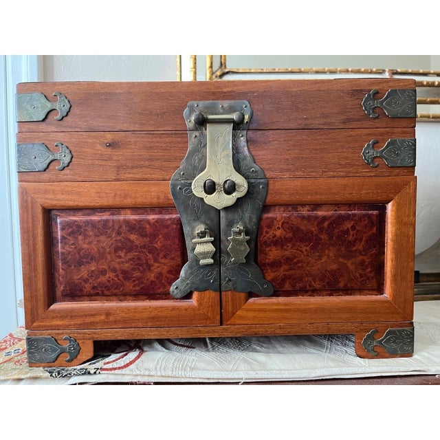 Late 20th Century Late 20th Century Chinese Burl Wood Jewelry Chest Ornate Brass Hardware Green Silk Lining 9x14x10 For Sale - Image 5 of 11