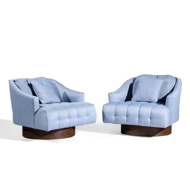 Harvey Probber Style Mid Century Walnut Swivel Lounge Chairs - Pair Each chair measures: 30 wide x 35 deep x 25 high, with...