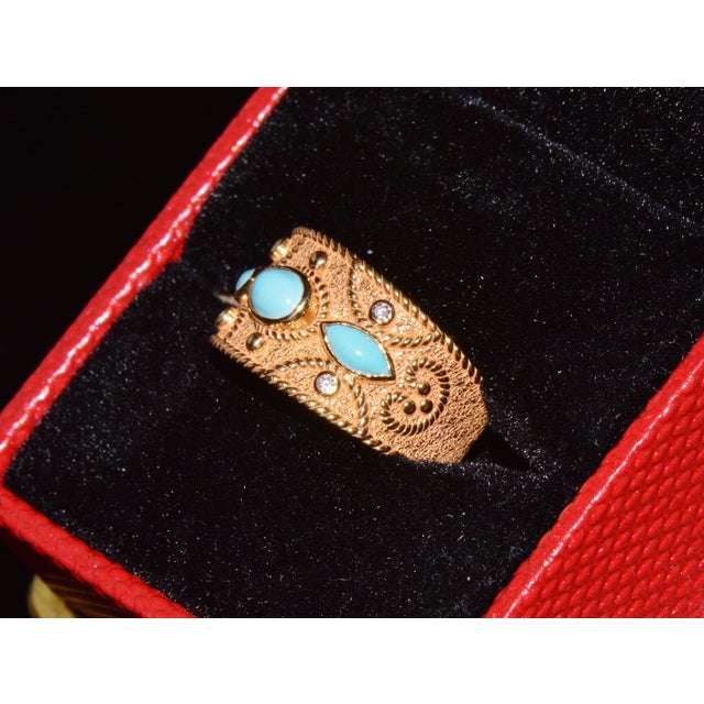 Natural Diamond Turquoise 18k Solid Gold Byzantine Beaded Greek Ring Stacking Band Ring, Size 6 For Sale - Image 12 of 14