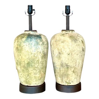 Vintage Boho Patinated Ceramic Table Lamps - a Pair For Sale