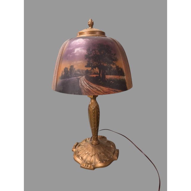 Vintage Antique Reverse Painted Landscape Panel Table Lamp For Sale - Image 11 of 11