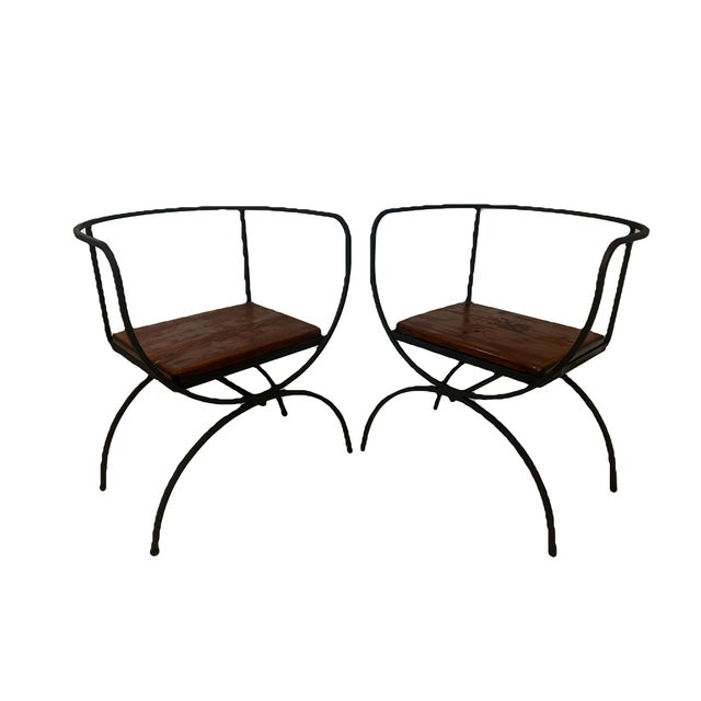 Wood Mid Century Modern Style Minimalist Black Wrought Iron Occasional Chairs, a Pair For Sale - Image 7 of 14