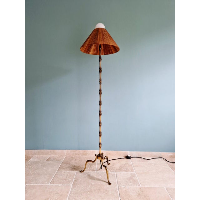 Mid-Century Modern Brass Floor Lamp with Rattan Lampshade, 1950s For Sale - Image 9 of 18