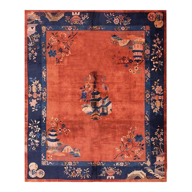 1920s Coral Red Floral Modern Antique Chinese Art Deco Rug 8' X 9'6" Handknotted Wool Carpet For Sale