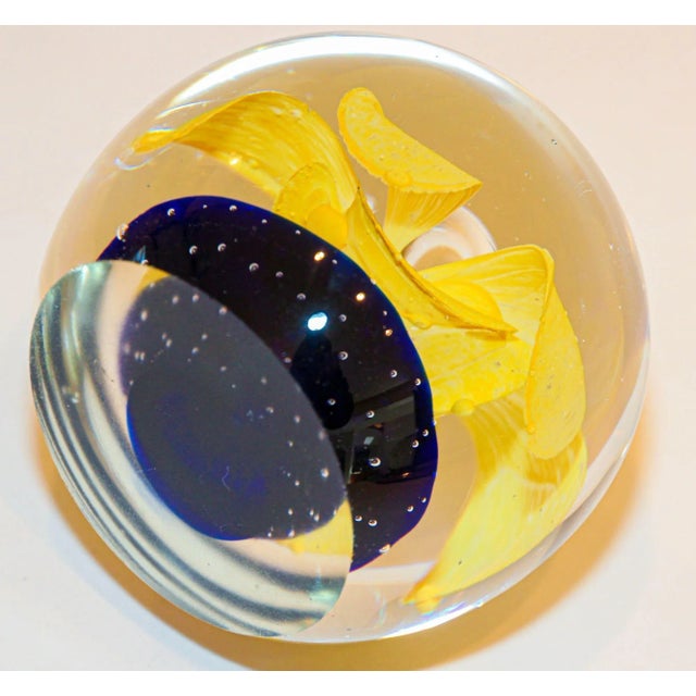 Murano Hand Blown Paperweight Yellow Flower With Blue Base Collectible Art Glass For Sale - Image 10 of 13