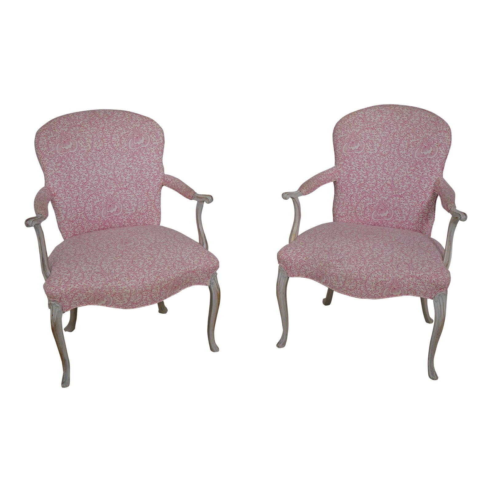 Pair French Style Shabby Chic Upholstered Open Armchairs | Chairish