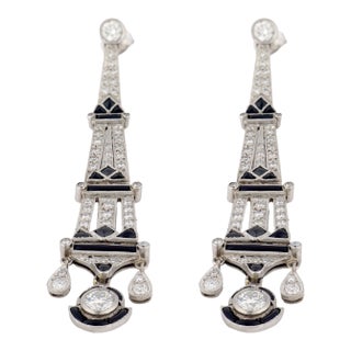 1930s Art Deco Style Diamond Onyx Platinum Chandelier Earrings, A Pair For Sale