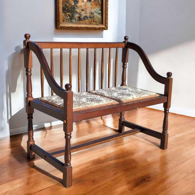 Vintage Spindle Back Wood Settee With Floral Cushions For Sale - Image 14 of 16