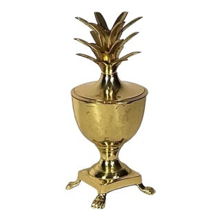 Vintage Mid-Century Hollywood Regency Solid Brass Pineapple Lidded Urn/Ginger Jar For Sale