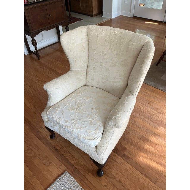 Textile Queen Anne Crewel Embroidered Wingback Armchair For Sale - Image 7 of 9