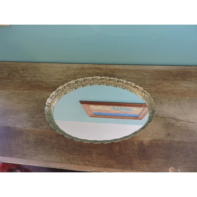 Vintage Metal Filigree Large Oval Mirror Vanity Tray Brass Finish For Sale - Image 10 of 18