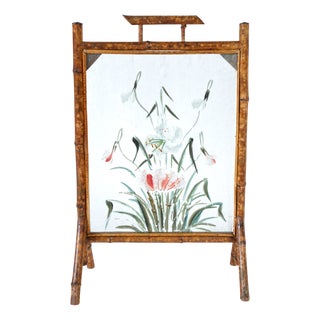 Antique Victorian Hand-Painted Flowers Glass Fire Screen, 1890s For Sale