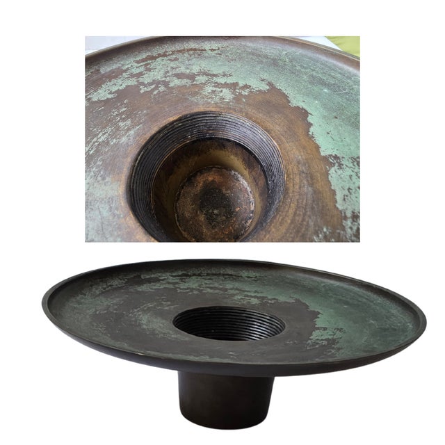 Antique Japanese Patinated Bronze Usubata Vase With Lion Handles & Verdigris Top – 2-Piece Ikebana Form For Sale - Image 12 of 16