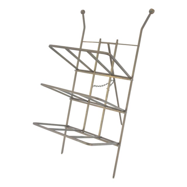 Machined Solid Brass Folding Magazine Rack Shelf Nice Brass Patina Clean For Sale