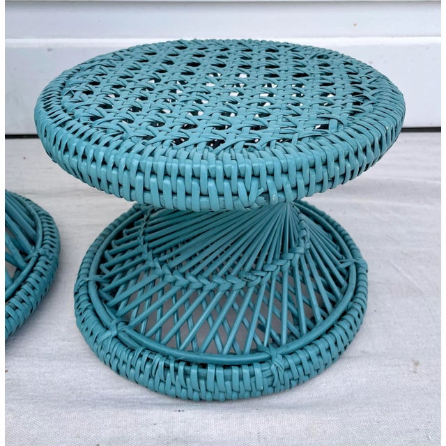 1970s Set of 3 Wicker Rattan Cane Woven Teal Blue Pedestal Stools For Sale In Los Angeles - Image 6 of 10