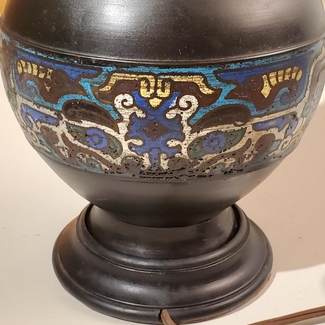 Japanese Early 20th Century Antique Bronze Champleve Vase as Table Lamp With Peacock Finial For Sale - Image 3 of 12