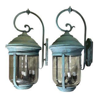 Large Elegant Pair of Vintage Brass Wall Lanterns - Timeless Charm - 28”x 12” For Sale
