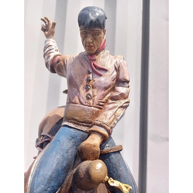 Hand Painted Cowboy Sculpture With Bucking Bronco on Stool Art Statue For Sale - Image 9 of 9