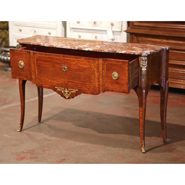 Wood 19th Century French Louis XVI Rosewood Marquetry Console With Rouge Marble For Sale - Image 7 of 13