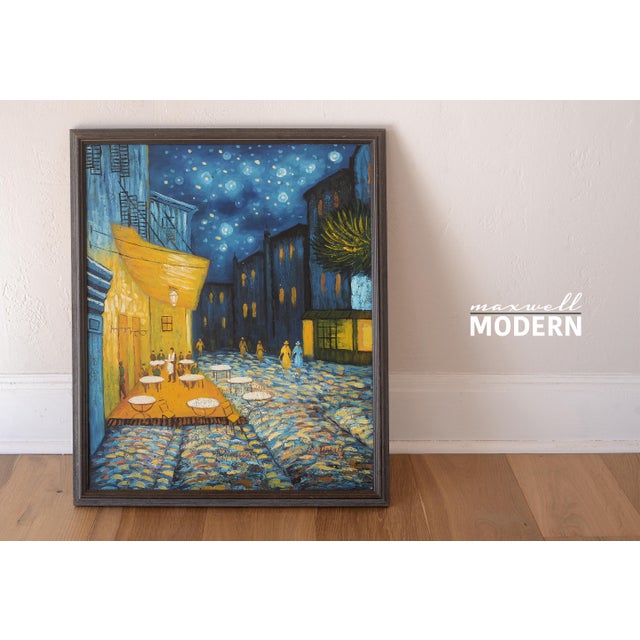 Gorgeous vibrant vintage painting featuring a very lively and starry night scene with a brightly lit cafe as a focal point...
